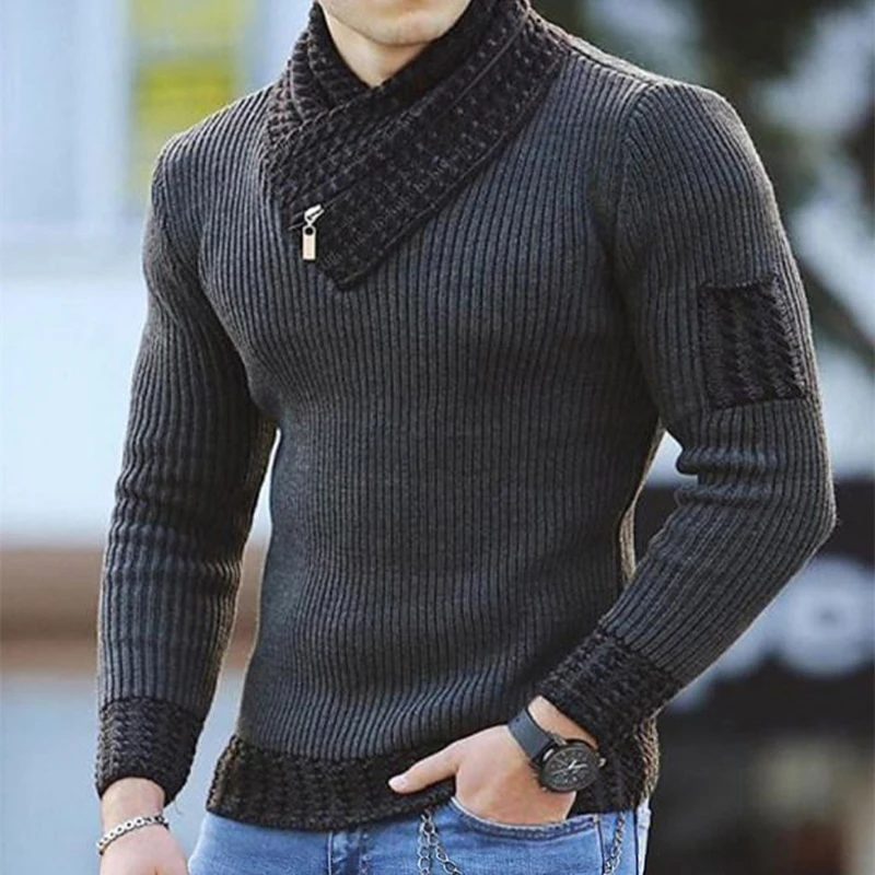 Autumn Winter Men's New Fashion British Pullover Sugi Fashion Long Sleeve Color Matching Scarf High Neck Slim Fit Sweater Knit
