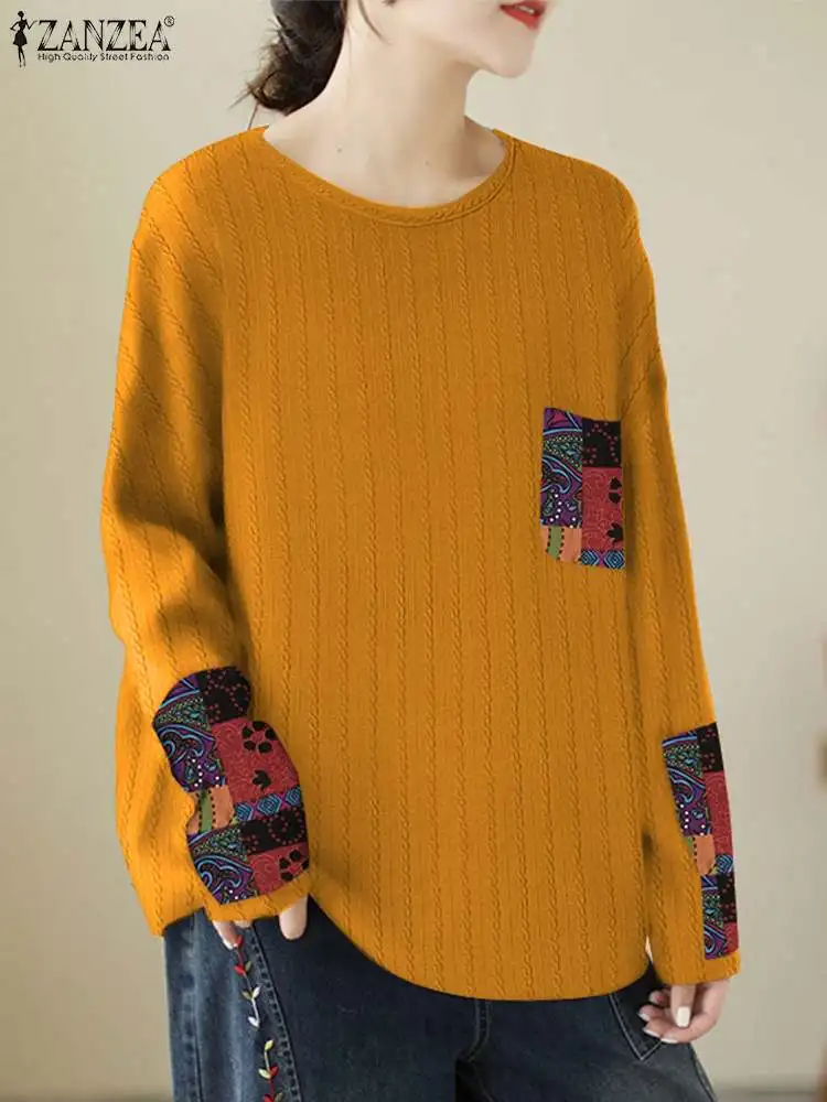 

Oversize Sprng Printed Tops ZANZEA Women Long Sleeve Knitted Blusas Ladies Patchwork Blouse Tunic Tops Holiday Chemise Mujer