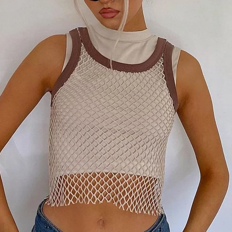 Summer Fashion Casual Sexy Mesh Hollow Womens Vest 2021 New High Street Casual All-match Womens Slim Stretch Top Crop Tops