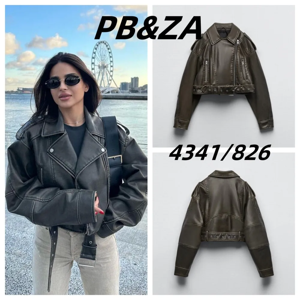 PB&ZA 2023 spring new women's lapel long-sleeved faux leather motorcycle jacket 4341826