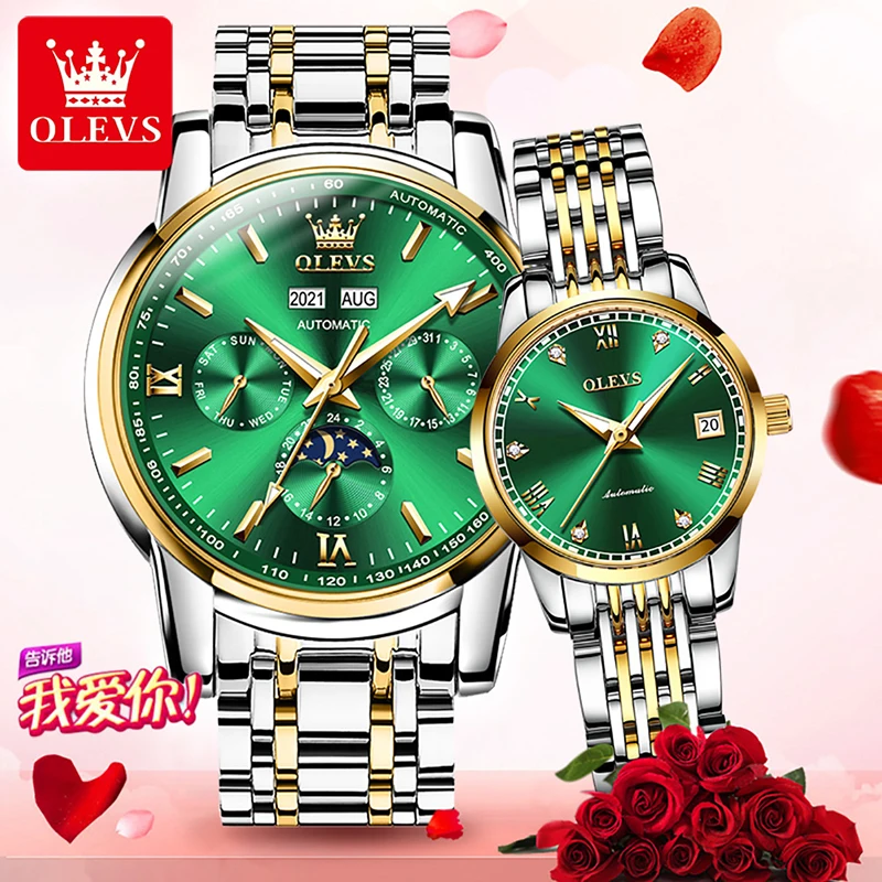 OLEVS 2022  Automatic Mechanical Luxury Couple Watch Fashion Blue Dial Luminous Weekly Calendar Display Couple Watch Waterproof