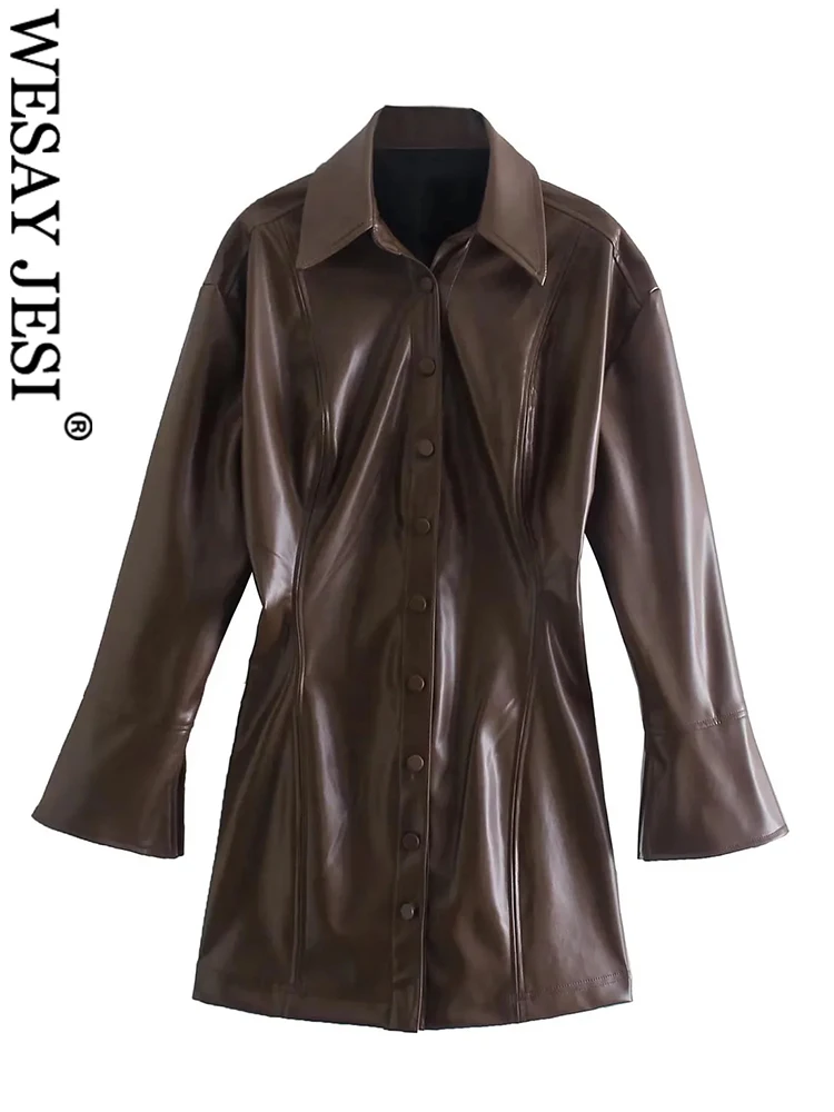 

WESAY JESI Fashion Women Bell Sleeve Short Dress Solid Color Dark Brown Slim Single-breasted Pu Fabric Dress Street Daily Wear