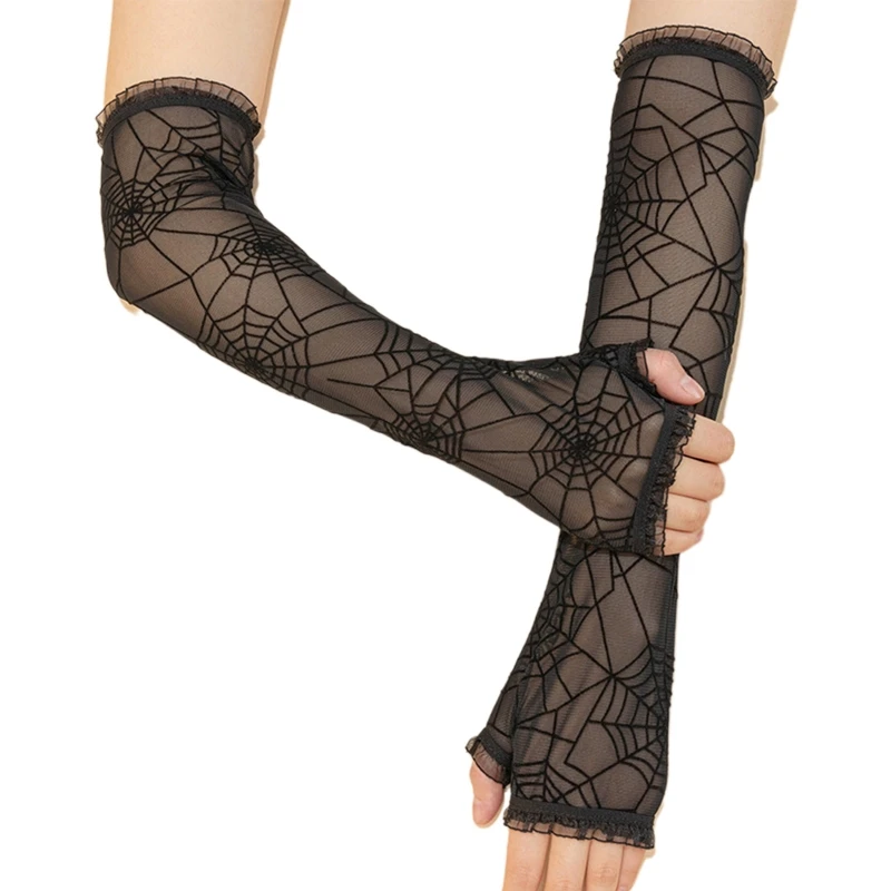 

Women Bride Long Sleeve Gloves Nightclub Hollow See Through Gloves Dance Half Finger Gloves Spider Web Mesh Mitten