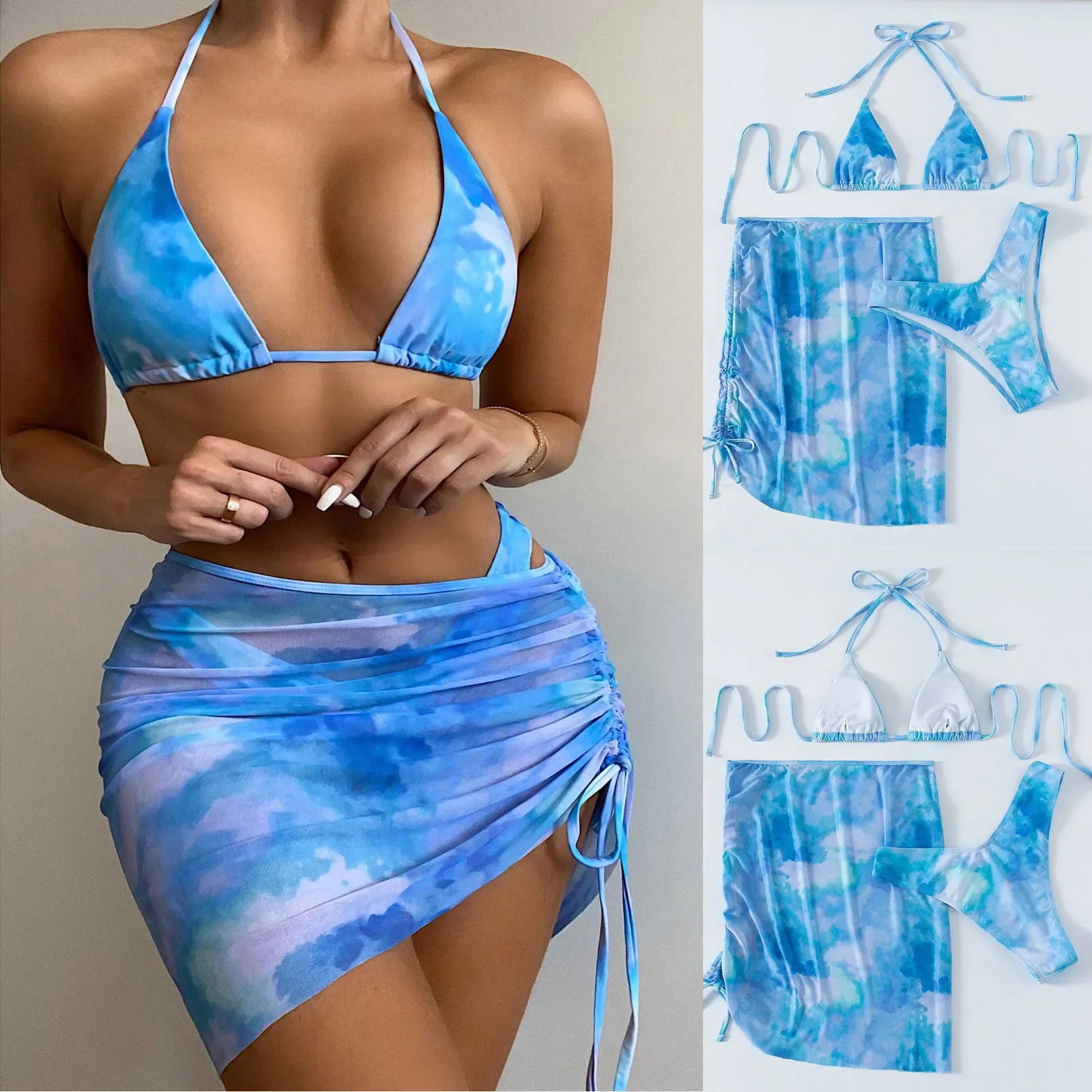 

Fashion Women Tie-dye Print Bikini Swimwear Beachwear Silk Scarf Mesh Smock Skirt Women's Swimsuit Купальники Женские 2022