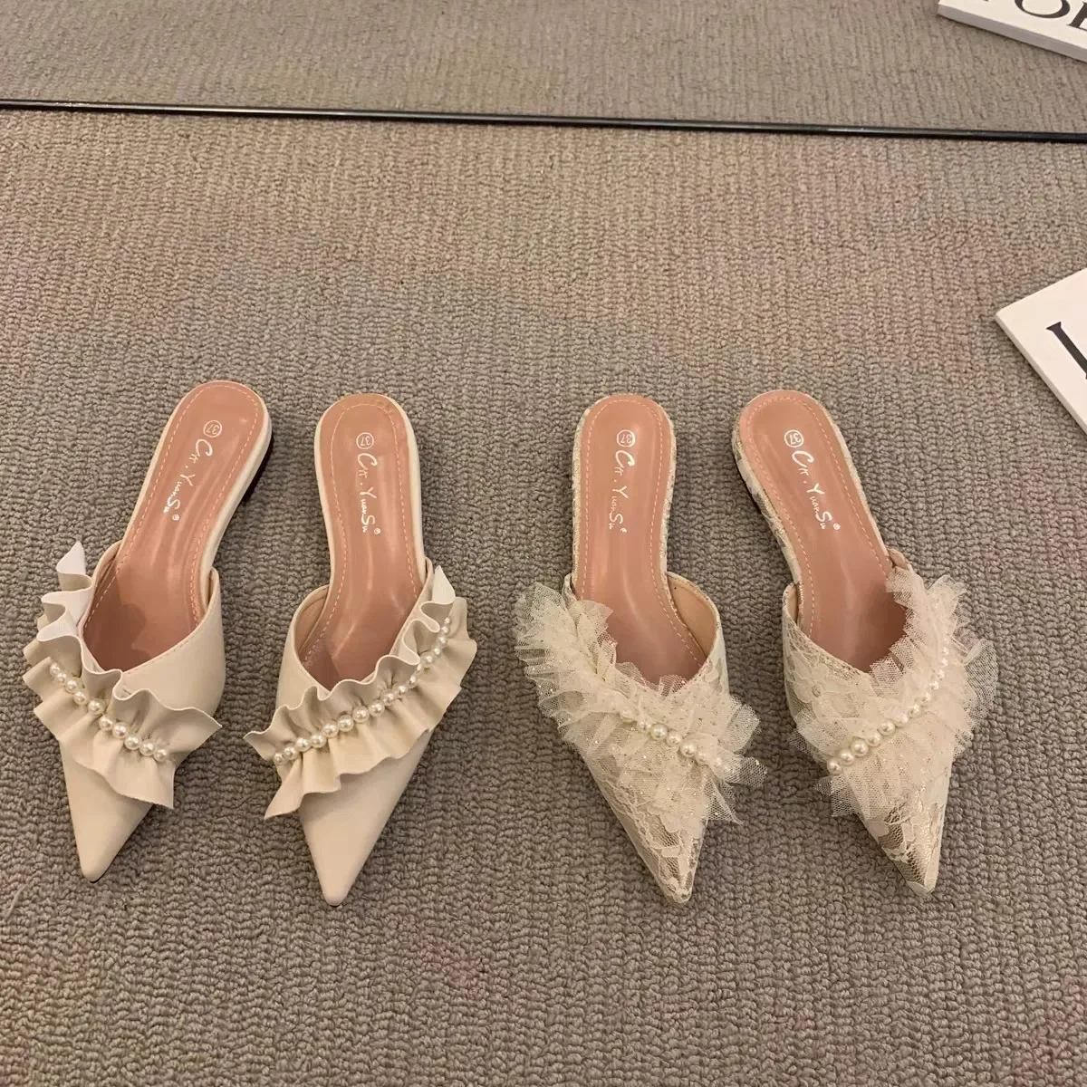 Женские шлепанцы с острым носком милые жемчужные туфли на плоской подошве