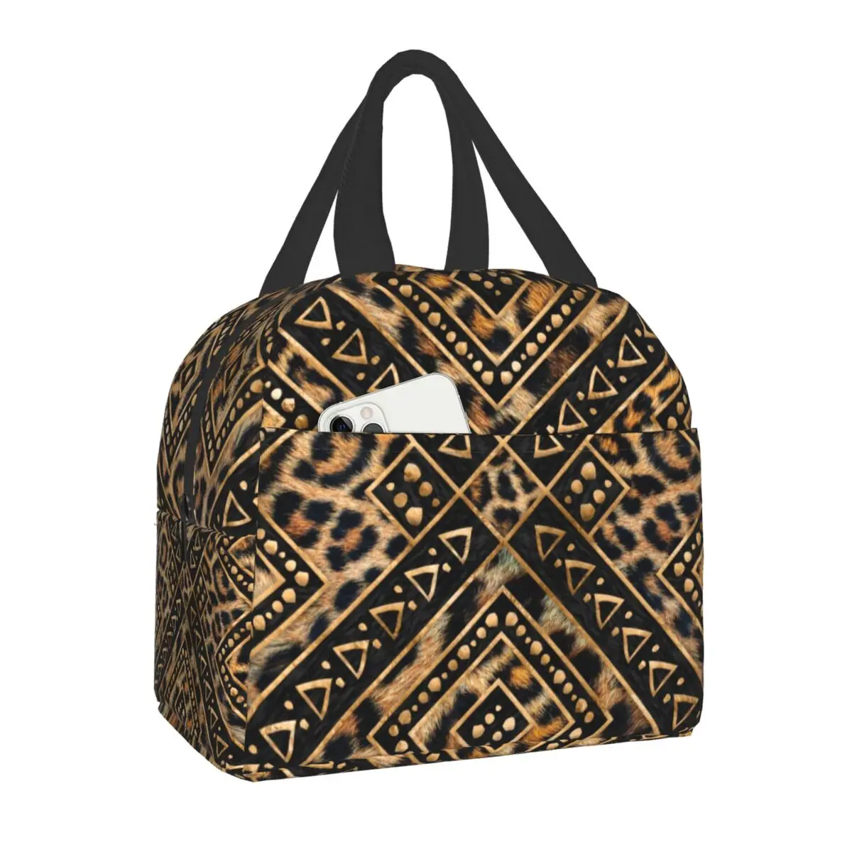 

Geometric Ethnic Leopard Print Insulated Lunch Bag for Women Portable Animal SKin Cooler Thermal Lunch Box Beach Camping Travel