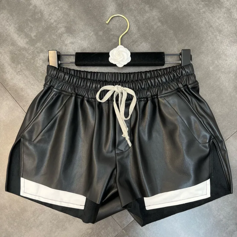 【Absgd】 2022 Summer New Arrivals Drawstring Elastic Waist Pockets Patch Fake Two Piece Black Pu Shorts Women