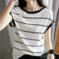 2021 summer new t shirt black and white tone fashionable high value striped knit small shirt fashion winter crop tops