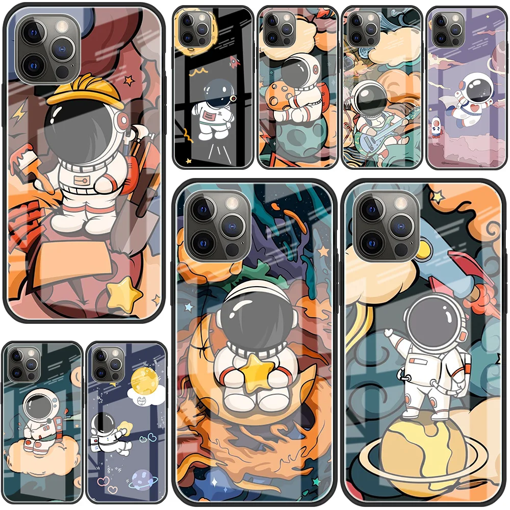 

Star Astronaut Cute Glass Case For Apple iPhone 13 Pro 11 12 7 8 Plus SE 2022 XR X XS Max 6 6S Tempered Phone Cover