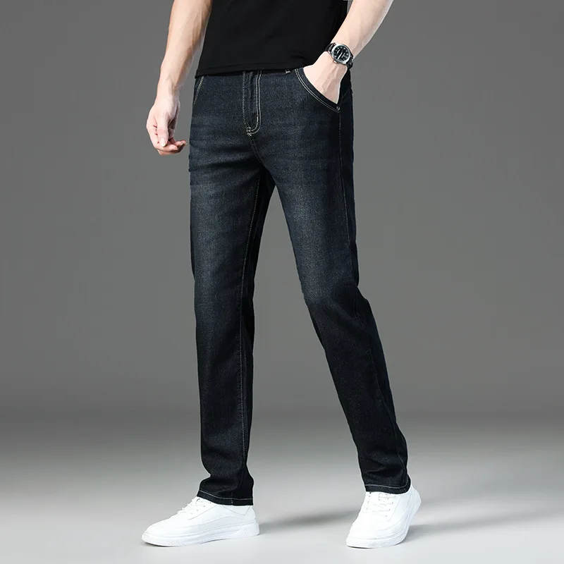 New Summer Thin Fashion Brand Men's Jeans Men Straight Tube Loose Stretch Slim Black Casual Long Pants Fashion Black Jeans