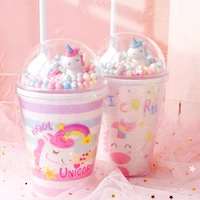 cute unicorn glitter water cup rainbow color plastic straw mug with spoon lid personality fun girl heart ins gift handy tumbler