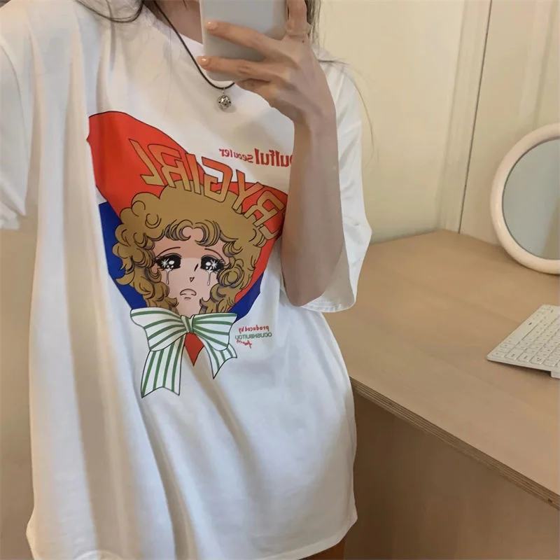 

Cry Girl Print Oversize T Shirt White Black Summer Short Sleeve Women Tee