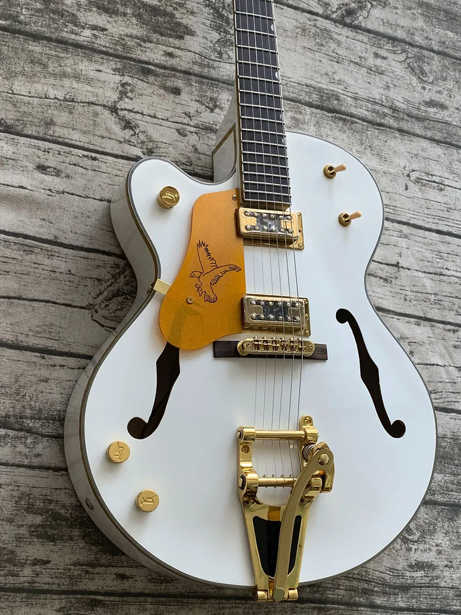 

White Jazz Hollow Body Left Handed Electric Guitar, Gold Hardware