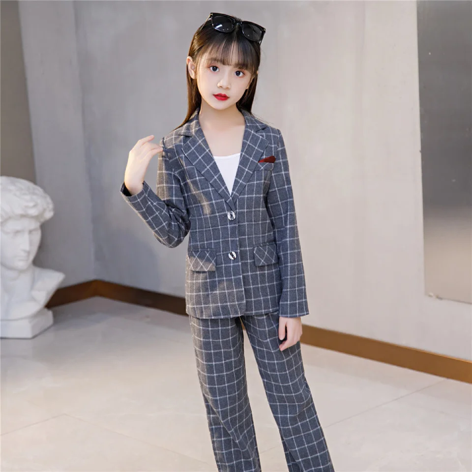 

Arrivals 2Pieces Plaid Coat+Pants New Girls Outfits Spring Autumn Fashion Clothes Set For 3-14Yrs Shool Teenage Girls Clothing