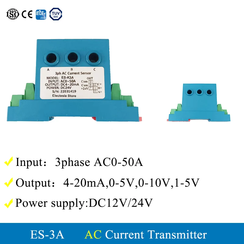 

Hall Current Sensor Three Phase Analog Signal Converter Current Transmitter Split Core AC 10A 20A 30A 50A Input 0-10V 4-20mA