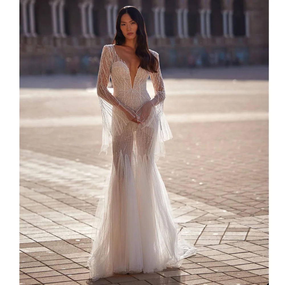 

Shine Beads Wedding Dress With Flare Sleeve Sexy Backless Lllusion Floor-Length Bridal Gowns Hot Sale Robe De Mariage Vestido