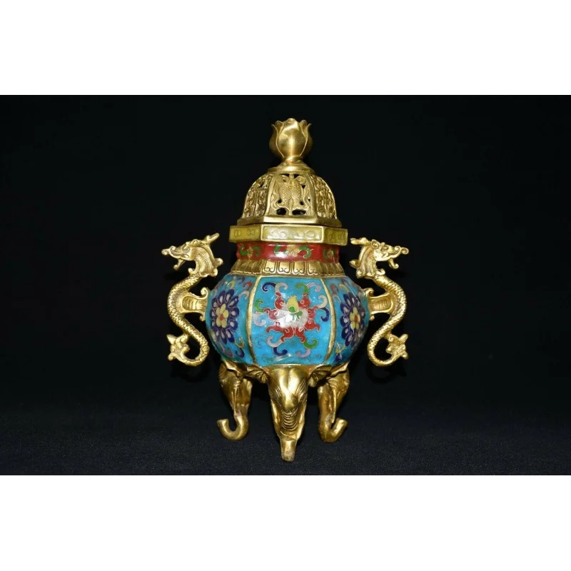 

9" China Fine Copper Cloisonné Gilding Wire Inlay Two Dragon Ear Incense Burner
