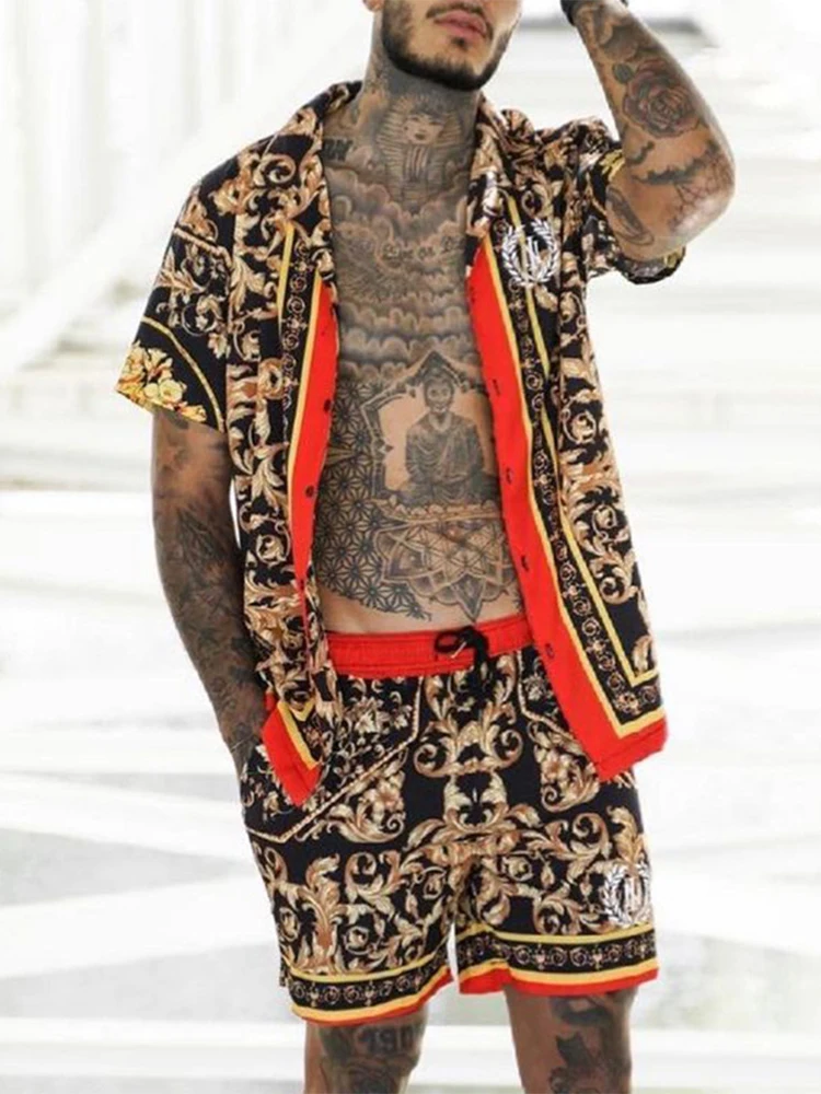

Men Shirt Shorts Two Pieces Vintage Hawaiian Print Beach Suit Male Streetwear Summer Clothes Casual Elastic Waist Tracksuit New