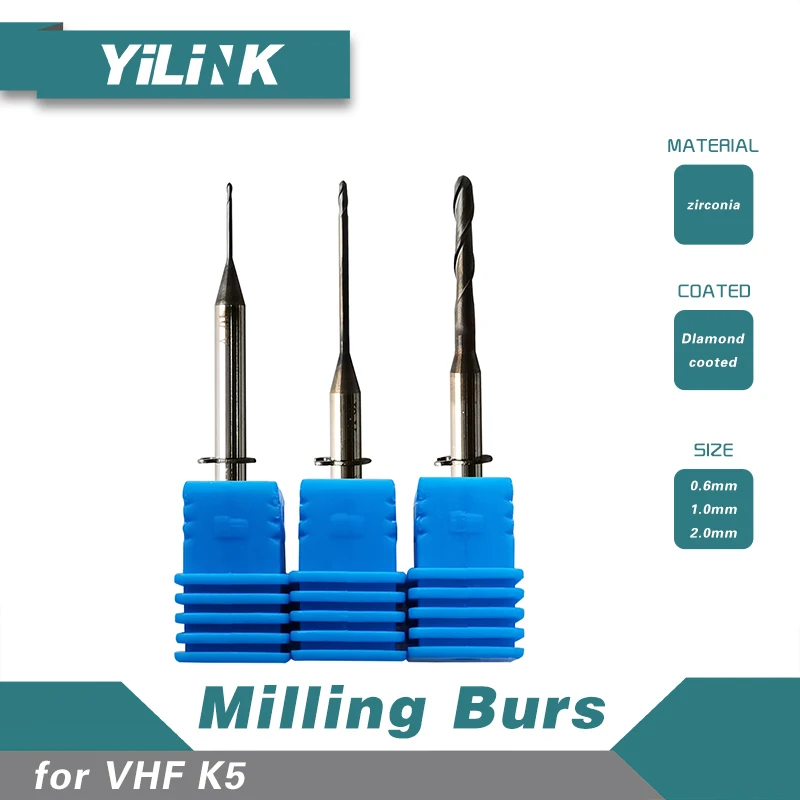 3 Pieces Milling Burs of  VHF5 with Diamond Liked Coating Head Diameter 0.6/1.0/2.0mm for Dental Zirconia Blocks PMMA WAX Blank