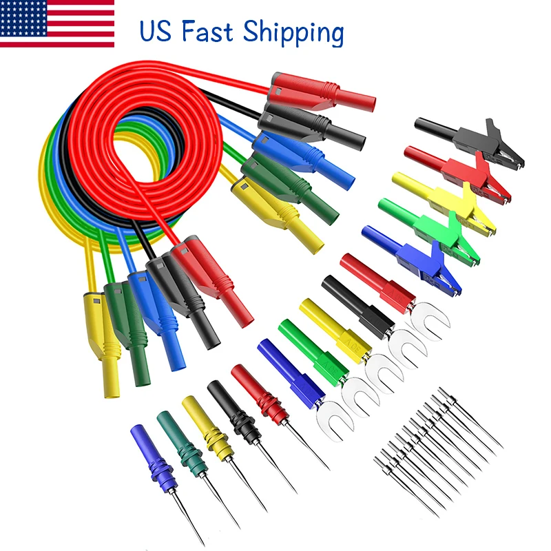 

Cleqee US Warehouse P1050B 20PCS Multimeter Silicone Test Lead Kit Stackable 4mm Banana Plug Alligator Clip U-type Harpoon