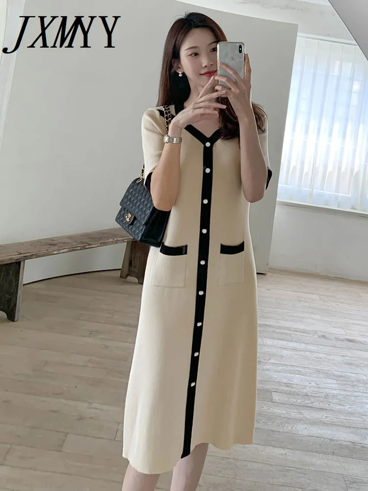 

JXMYY 2022 Korean Elegant Temperament Intellectual Color Matching V-Neck Skirt Slimming Knitted Dress Summer