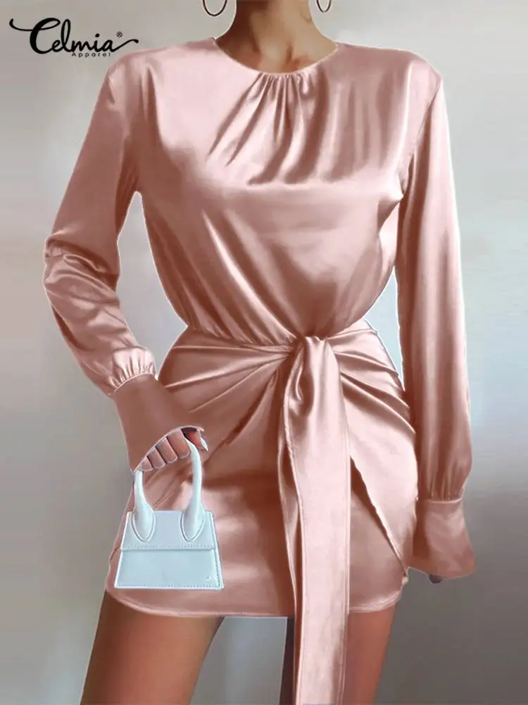 

Women Elegant Waist Bandage Satin Mini Dress Celmia 2022 Fashion Shirred O-neck Long Sleeve Party Vestidos Tight Fit Streetwear