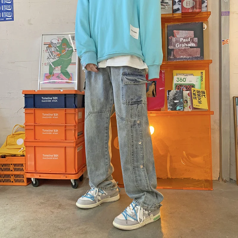 Fashion High Street Washed Jeans Men's Vintage Loose Spring Hong Kong Style Street HIP HOP Straight Casual Pants Men Clothing