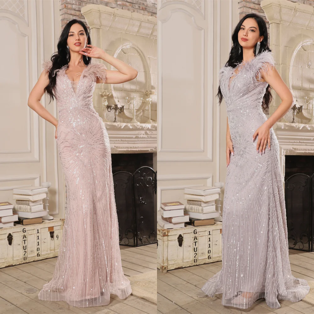 

Silver Beaded Feather V Neck Mermaid Evening Gown 2022 Elegant Sleeveless Overskirt Dubai Formal Prom Dresses for Wedding Party