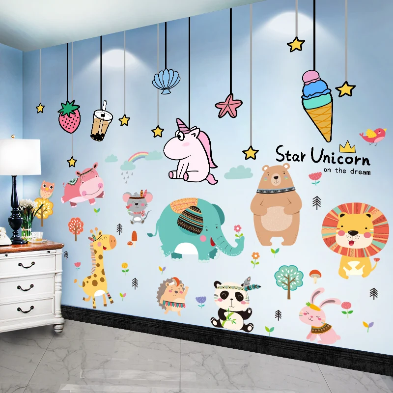 

Cartoon Animals Wall Stickers Decor DIY Unicorn Stars Mural Decals for Kids Rooms Baby Bedroom Childen Nursery Home Decoration