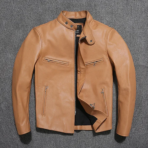 

Мужская кожаная куртка, коричневая мотоциклетная куртка из натуральной воловьей кожи, Весна-Осень 100%