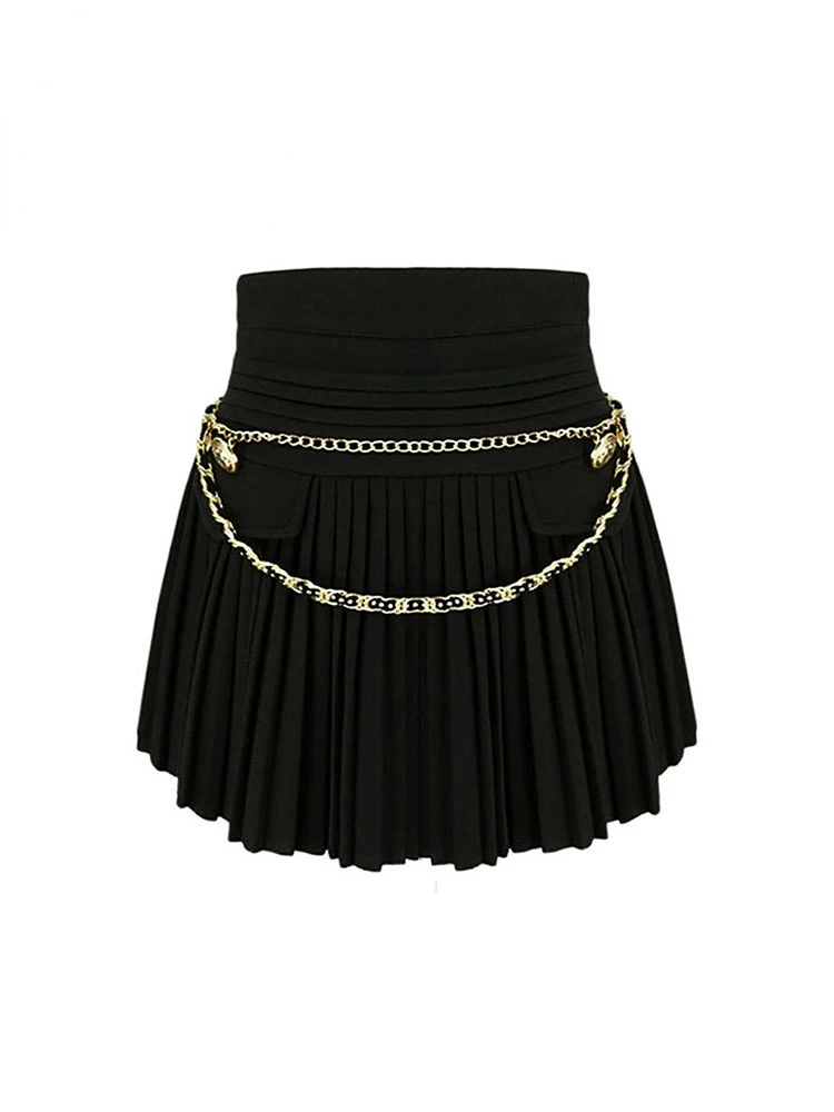 

Harajuku Mini Skirt Sexy Club Y2K Black High Waist Pleated A-line Skirt 90s Vintage Women Clothes With Chain 2023 Summer New