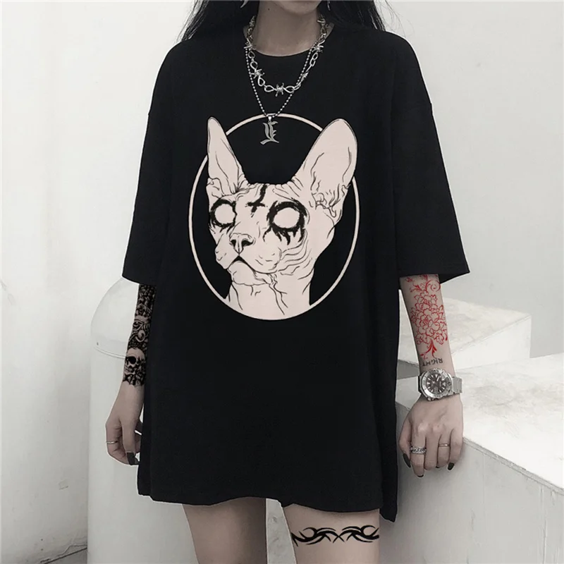 

Kaus Longgar Kaus Grafis Gambar Cetak Kucing Hasting Metal Kematian Harajuku Kaus Gotik Wanita Atasan Musim Panas Wanita Kaus