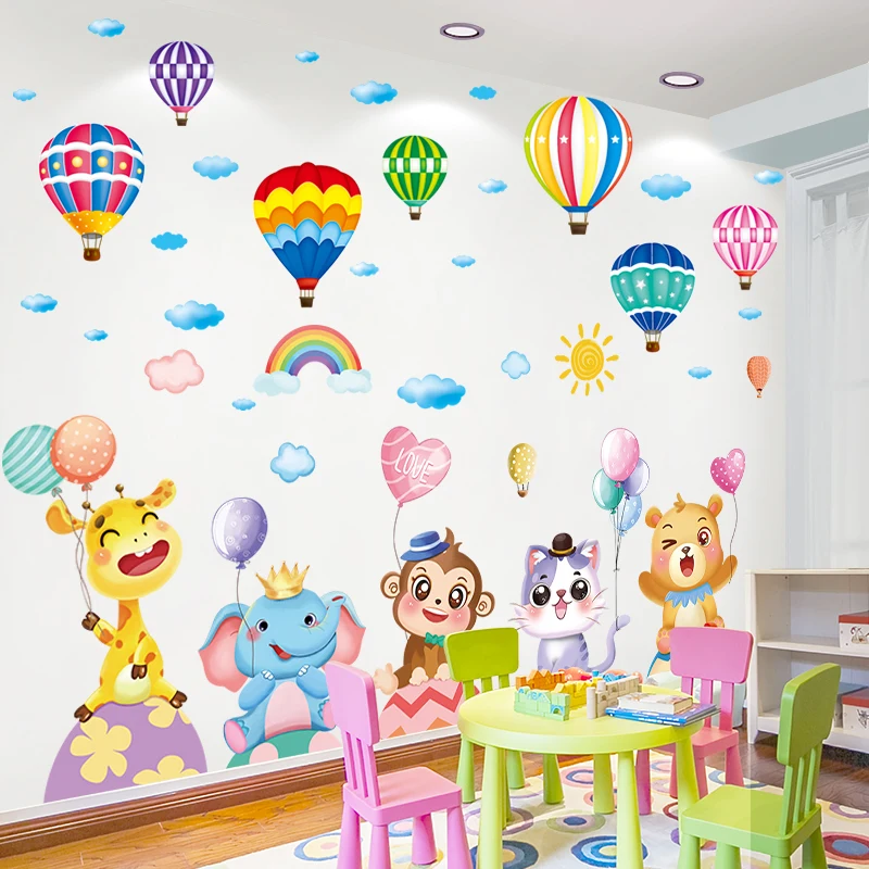 

[shijuekongjian] Cartoon Animals Wall Stickers DIY Creative Hot Air Balloons Wall Decals for Kids Rooms Nursery Home Decoration