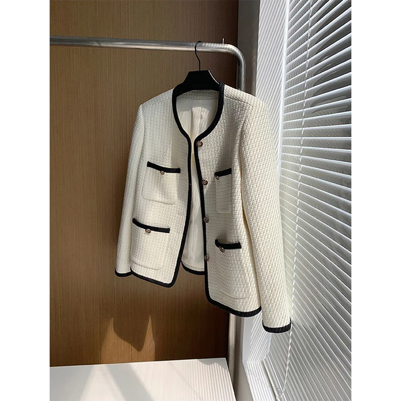 Женская твидовая куртка MEXZT Элегантная черная укороченная стеганая винтажная