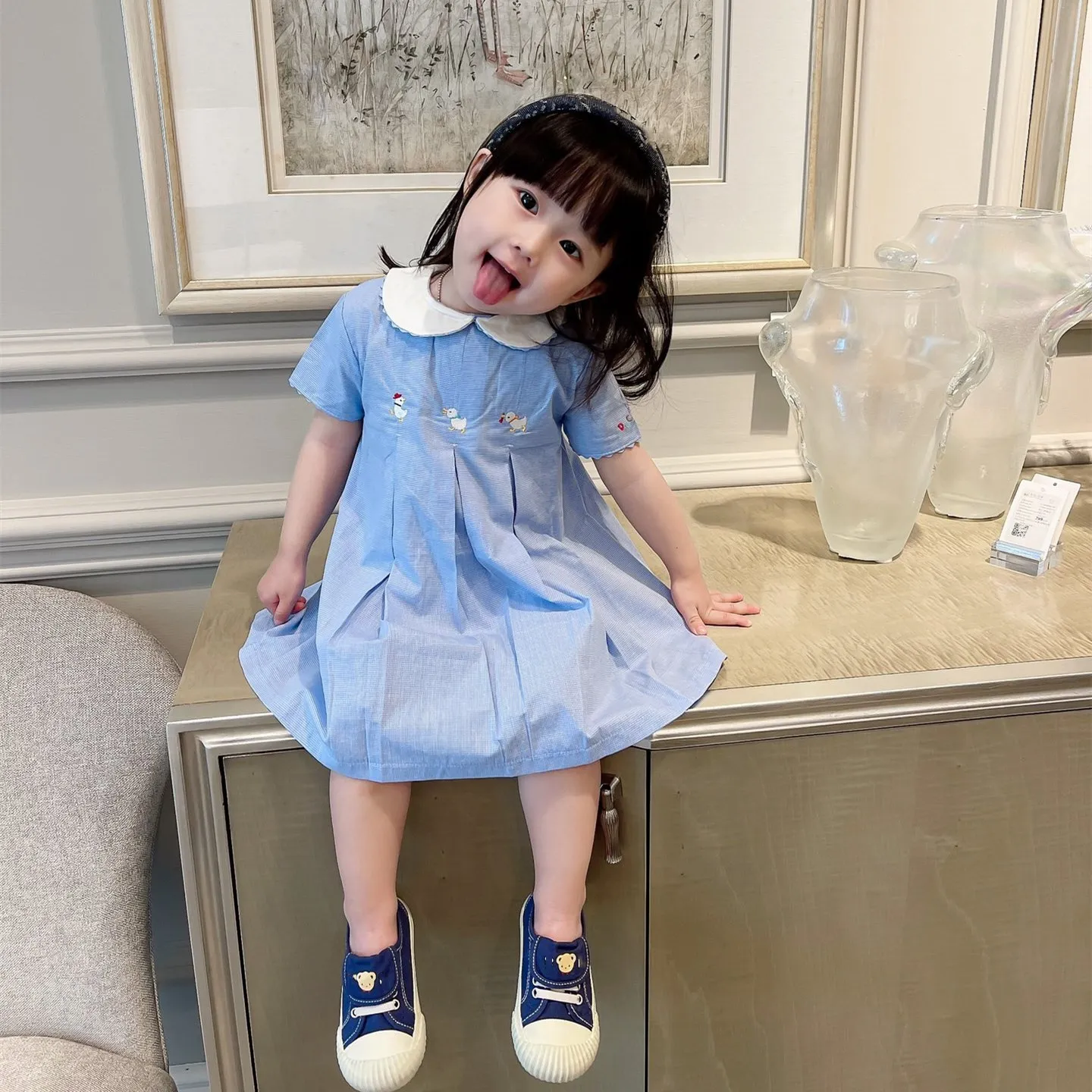 

girls summer dresses blue short sleeve dress cartoon duck embroidery doll collar dress