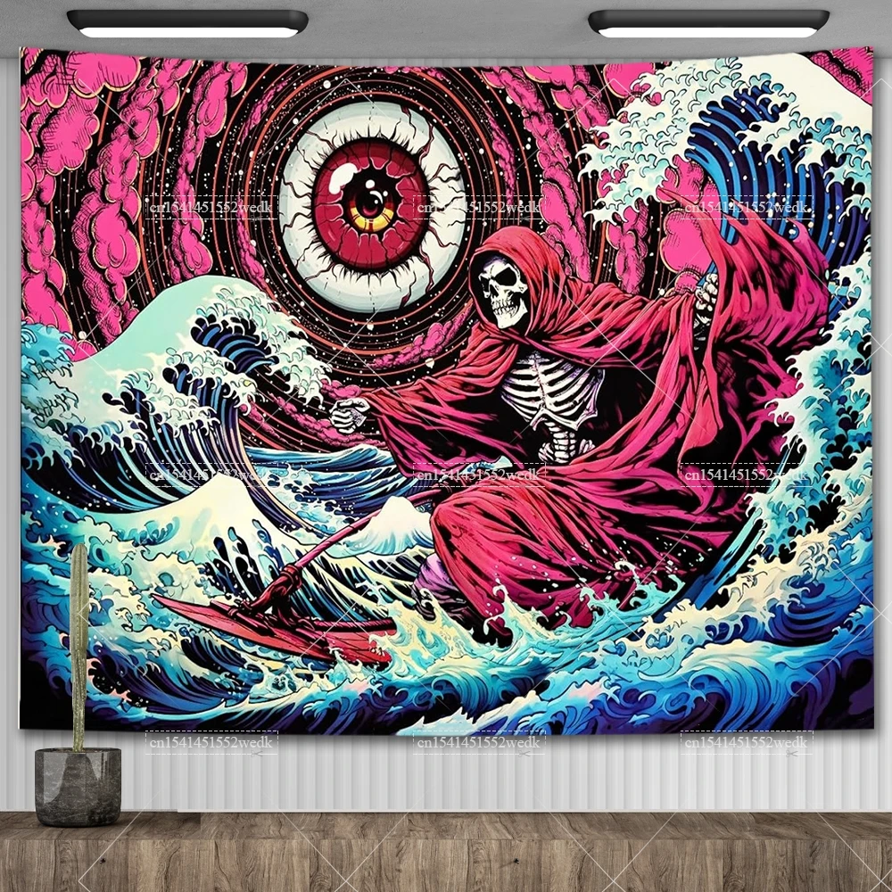 Готический настенный гобелен с черепом и волнами в японском стиле