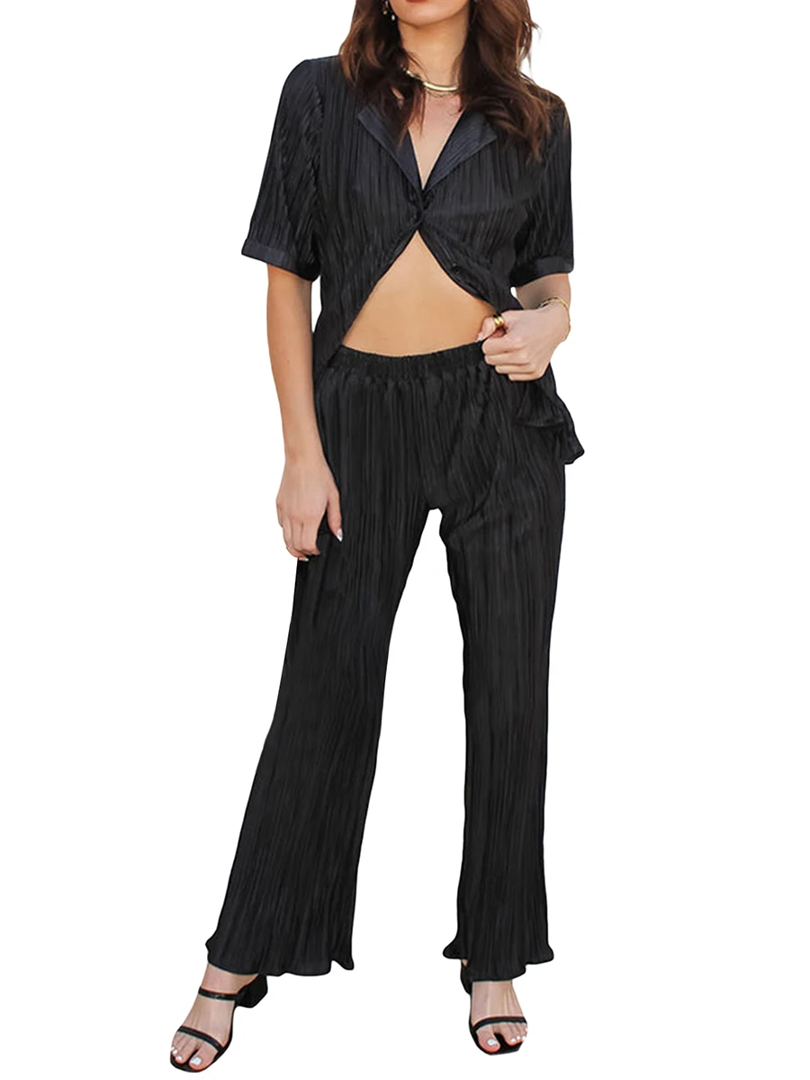 

Женский повседневный комплект из 2 предметов, Однотонная рубашка на пуговицах с коротким рукавом и свободные брюки с высокой талией и широкими штанинами Палаццо