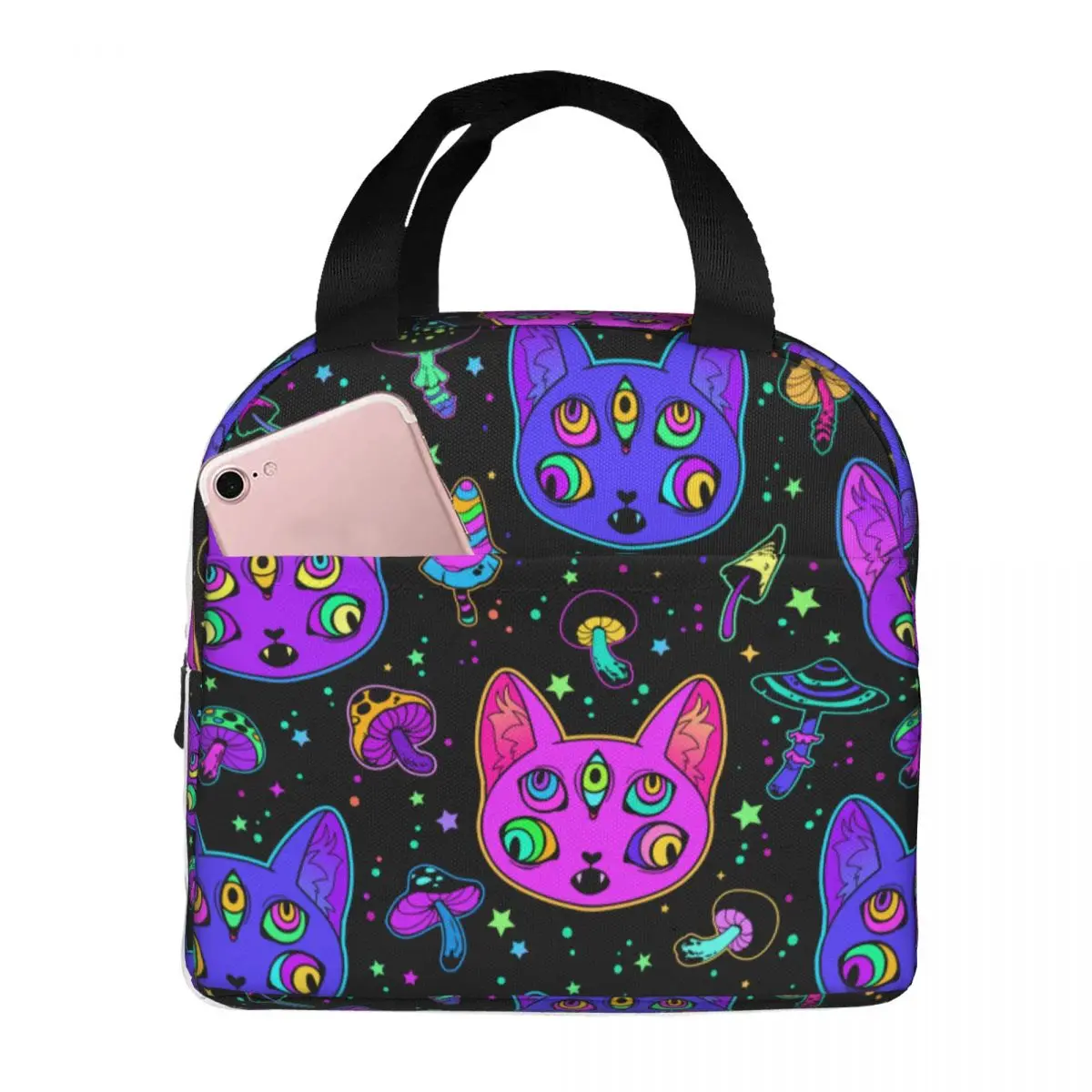 Psychedelic Cat Lunch Bags Waterproof Insulated Oxford Cooler Bags Thermal Cold Food School Lunch Box for Women Girl