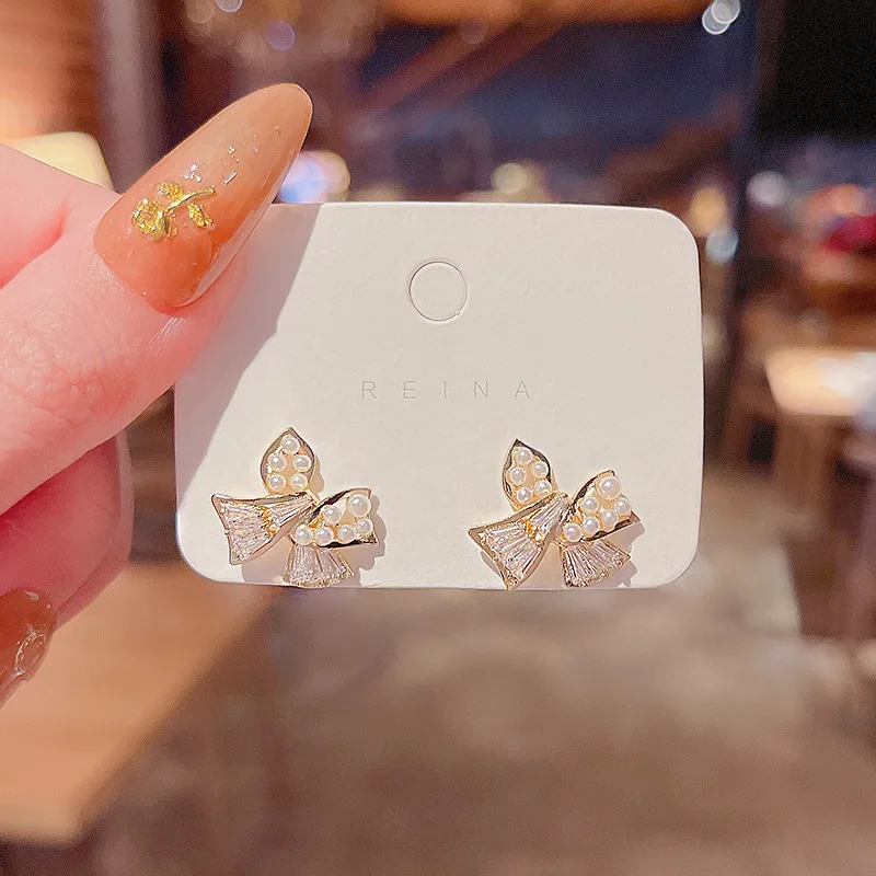 

Wholesale Bowknot Earrings For Women Zircon Pearl Stud Sterling Silvers Pin Jewellery Drop Shipping Gift