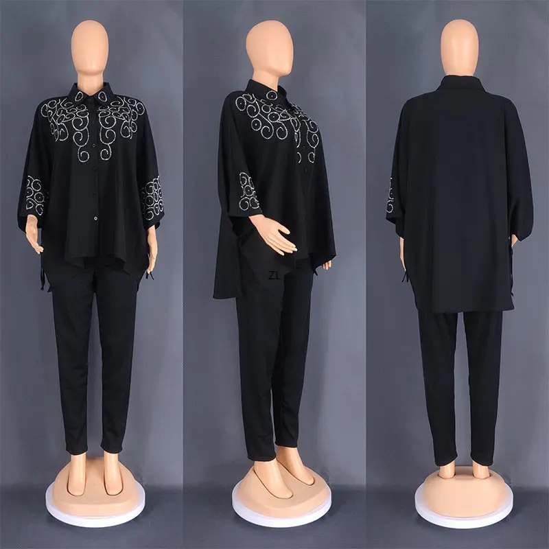 Two Piece Set Diamonds Three Quarters Sleeve Blouse Tops And Pant Suits Summer Autumn Women Set Sheath Matching Fashion Outfit