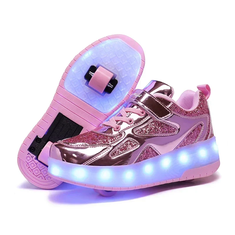 Children’s Two Wheels Luminous Glowing Sneakers Heels Pink Led Light Roller Skate Shoes Kids Boys Girls USB Charging