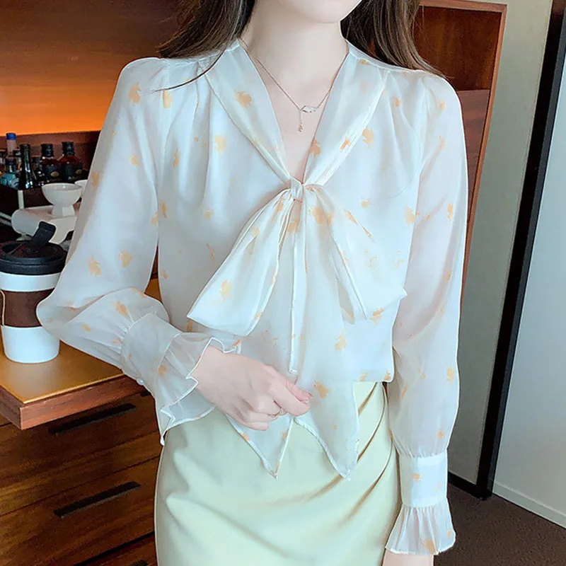 Новая женская рубашка с бантом и воротником-стойкой шифоновая длинным рукавом