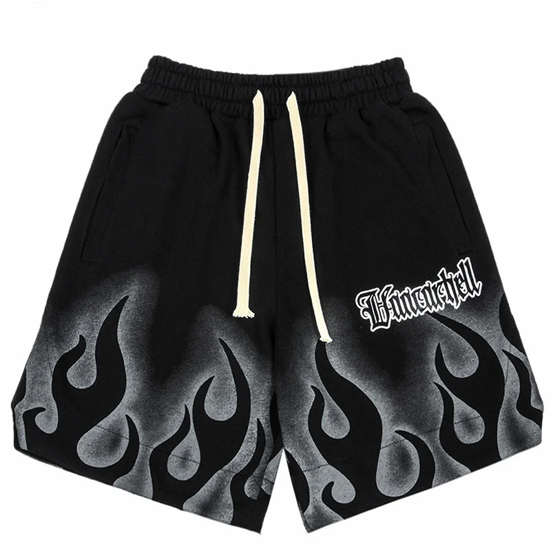 

2023 Men Cotton Joer Sorts Summer Track Sort Black ip op Streetwear arajuku Sorts Sweatpants Fire Flame Printed Sorts