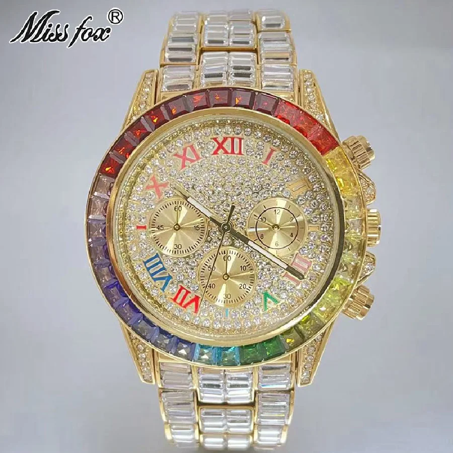 

Fashion Brand MISSFOX 18K Gold Hip Hop Watch For Mens Iced Out Waterproof Wrist Watches Rainbow Diamond Clocks Male Reloj Hombre