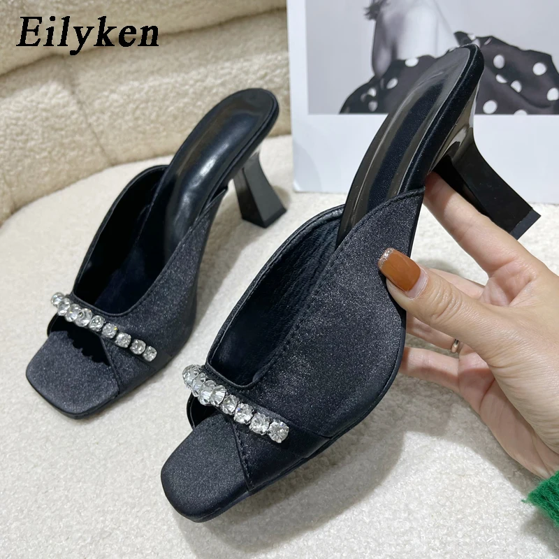 

Eilyken Sexy Shallow Crystal Diamond Square Toe Slippers Fashion Women Slides Summer New Ladies Pure Black Outdoor Shoes