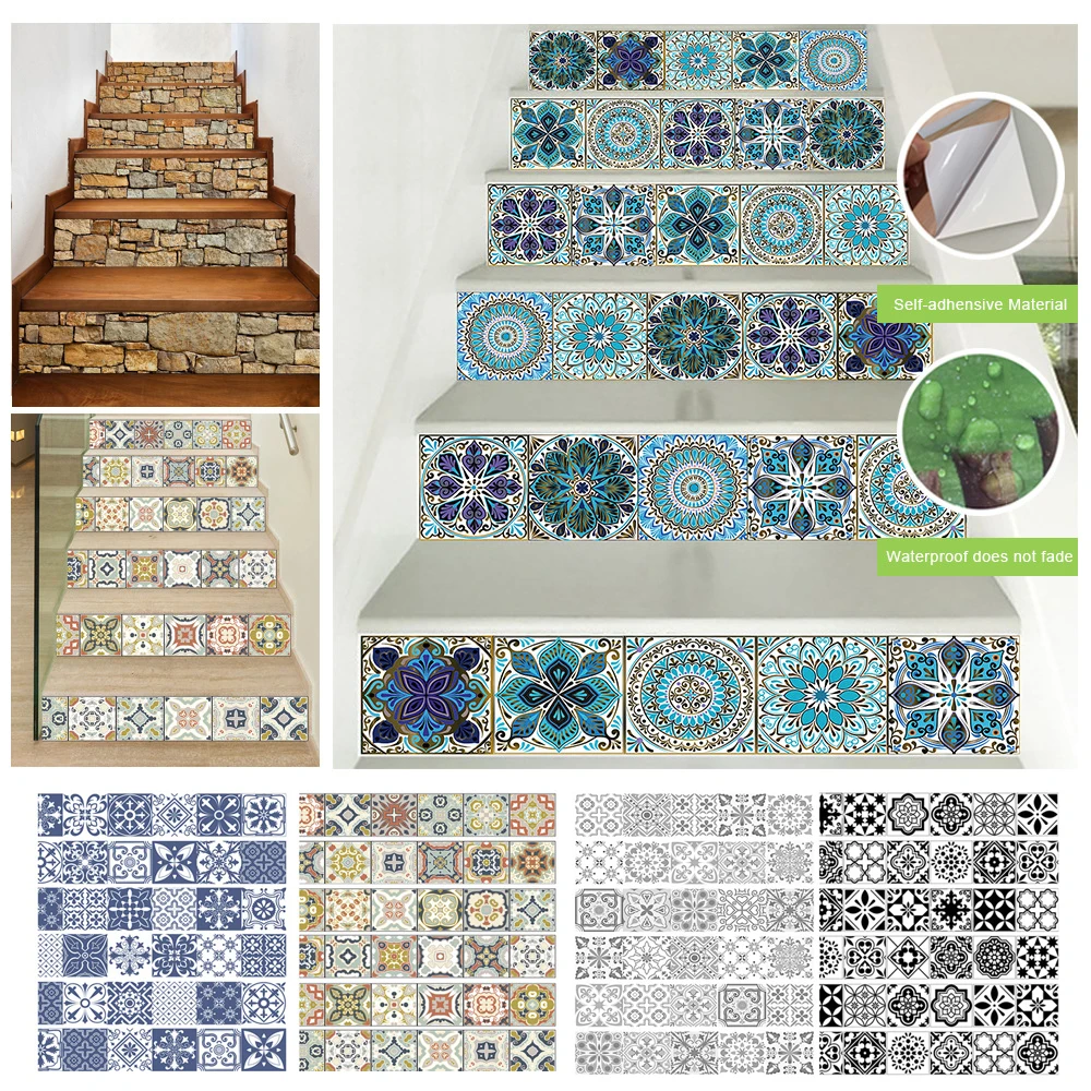 

6PCS/13PCS Stair Stickers Self Adhesive for Stairway Cover Mural Art Mandala Flower Staircase Wallpaper Trap Sticker Removable
