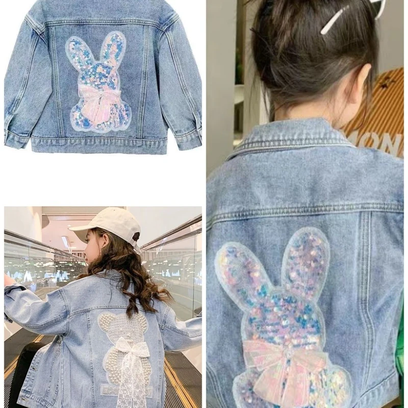 

Fashion Sequins Patchwork Lovely Baby Girls Denim Jackets Spring Child Coat Autumn Children Outerwear Kids Outfits