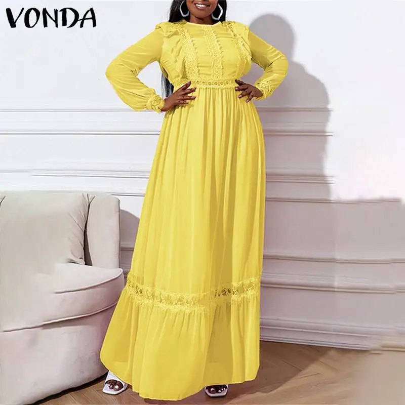 

VONDA богемное платье с пышными рукавами, кружевное мешковатое платье с подолом, женское сексуальное платье с круглым вырезом, женское одното...