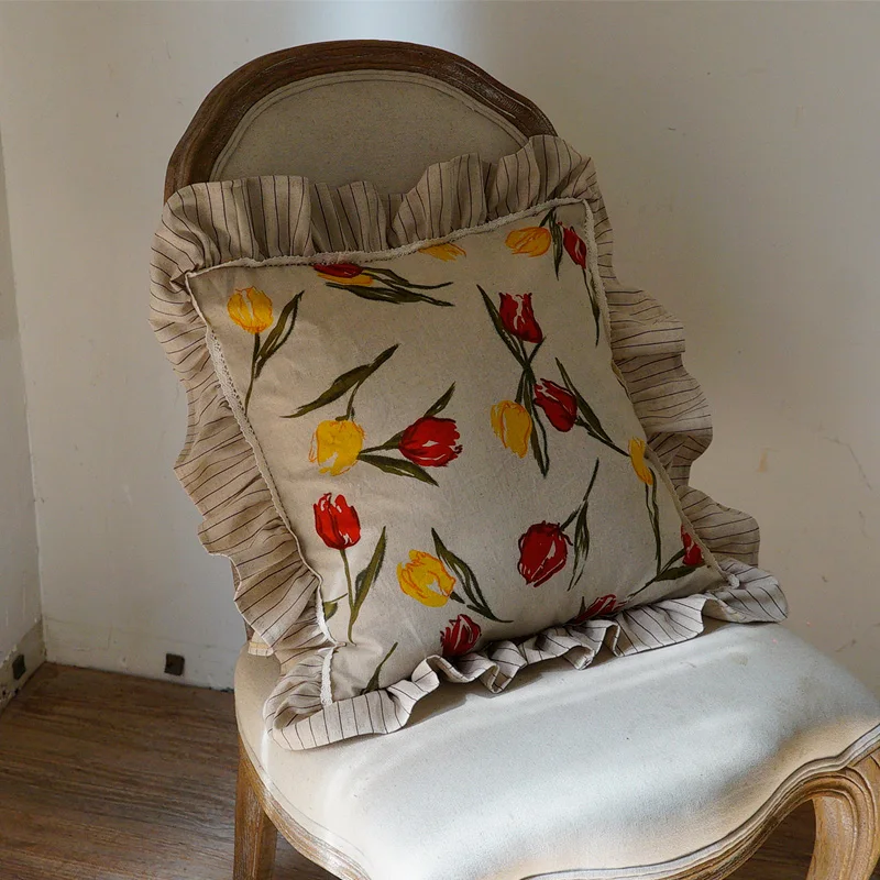 

Tulip Floral Throw Pillowcase Cotton Linen Pillow Cover Ruffle Decorative Square Cushion Cases for Sofa Couch Living Room TJ7333