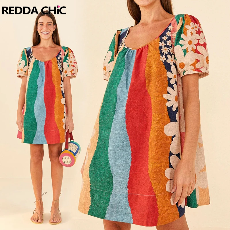 

Женский сарафан в стиле ретро ReddaChic, повседневное слитное платье большого размера с круглым вырезом, пышными рукавами и эстетическим принтом в стиле ромашки в стиле 50-х годов